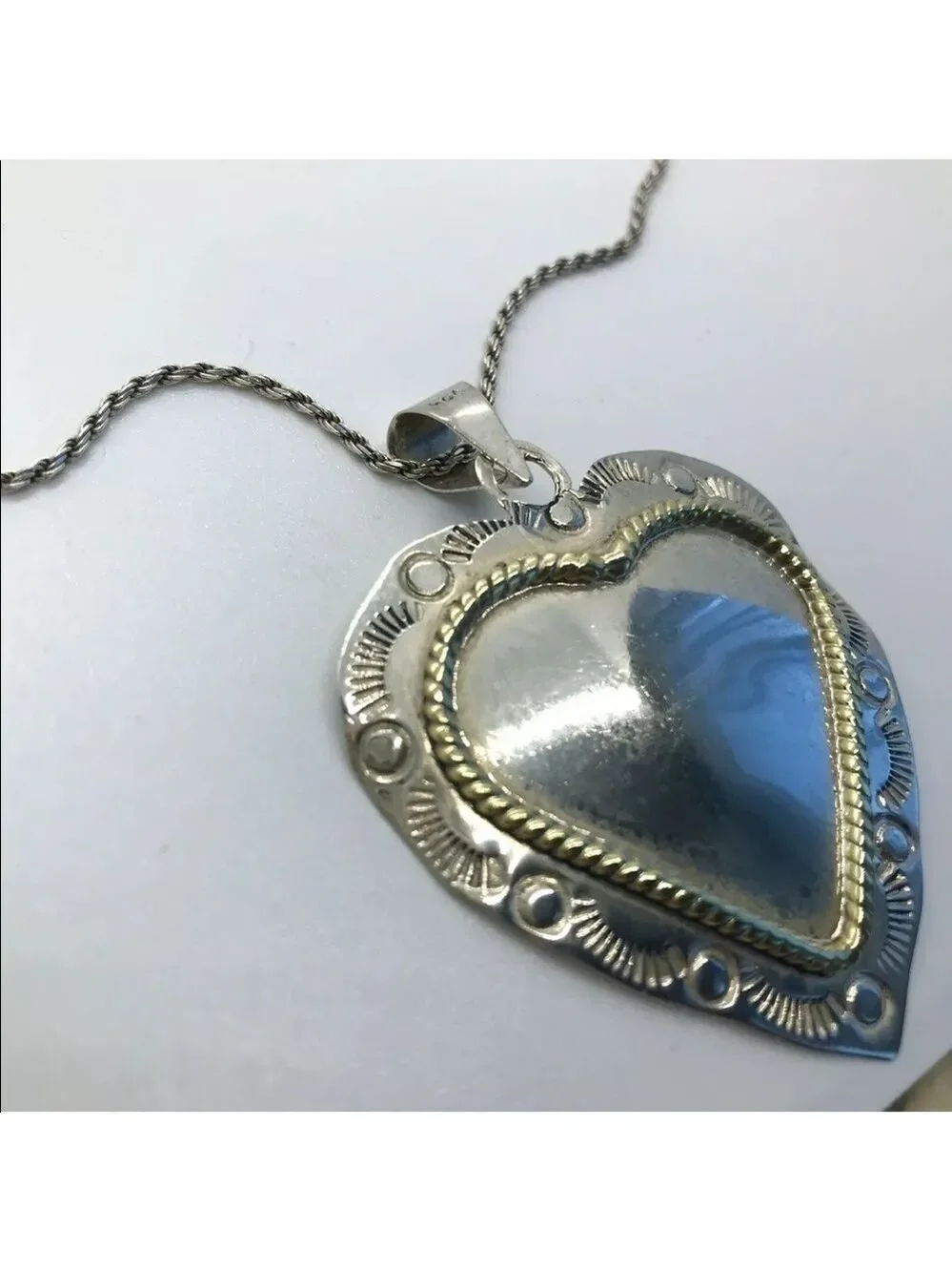 MEXICO STERLING SILVER VINTAGE HEART PENDANT BRASS WIRE DESIGN ON CHAIN …